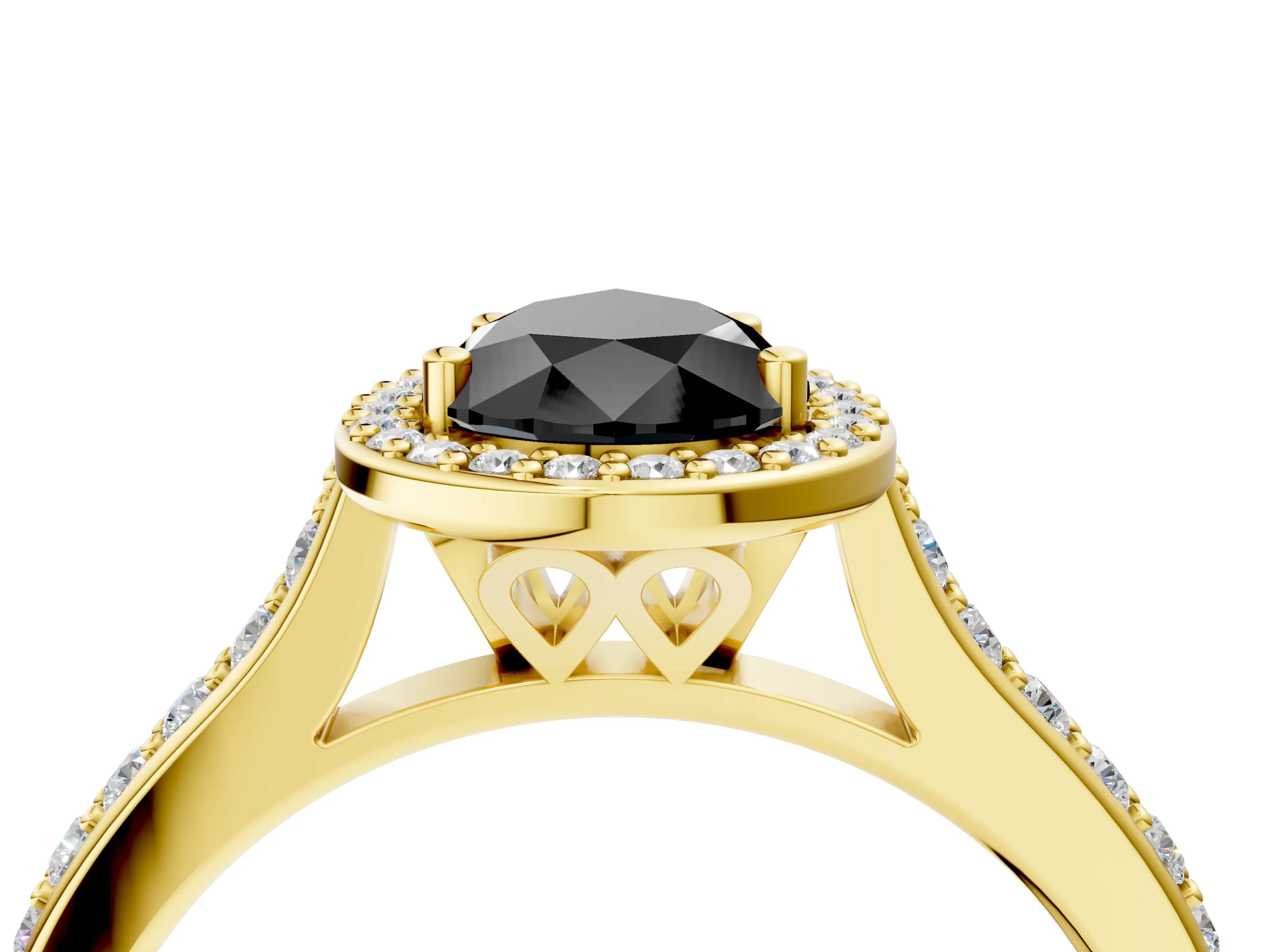 Yellow gold Fancy Black Pear Cut Halo Round Diamond Pavé Band with Four-Prong Setting_7