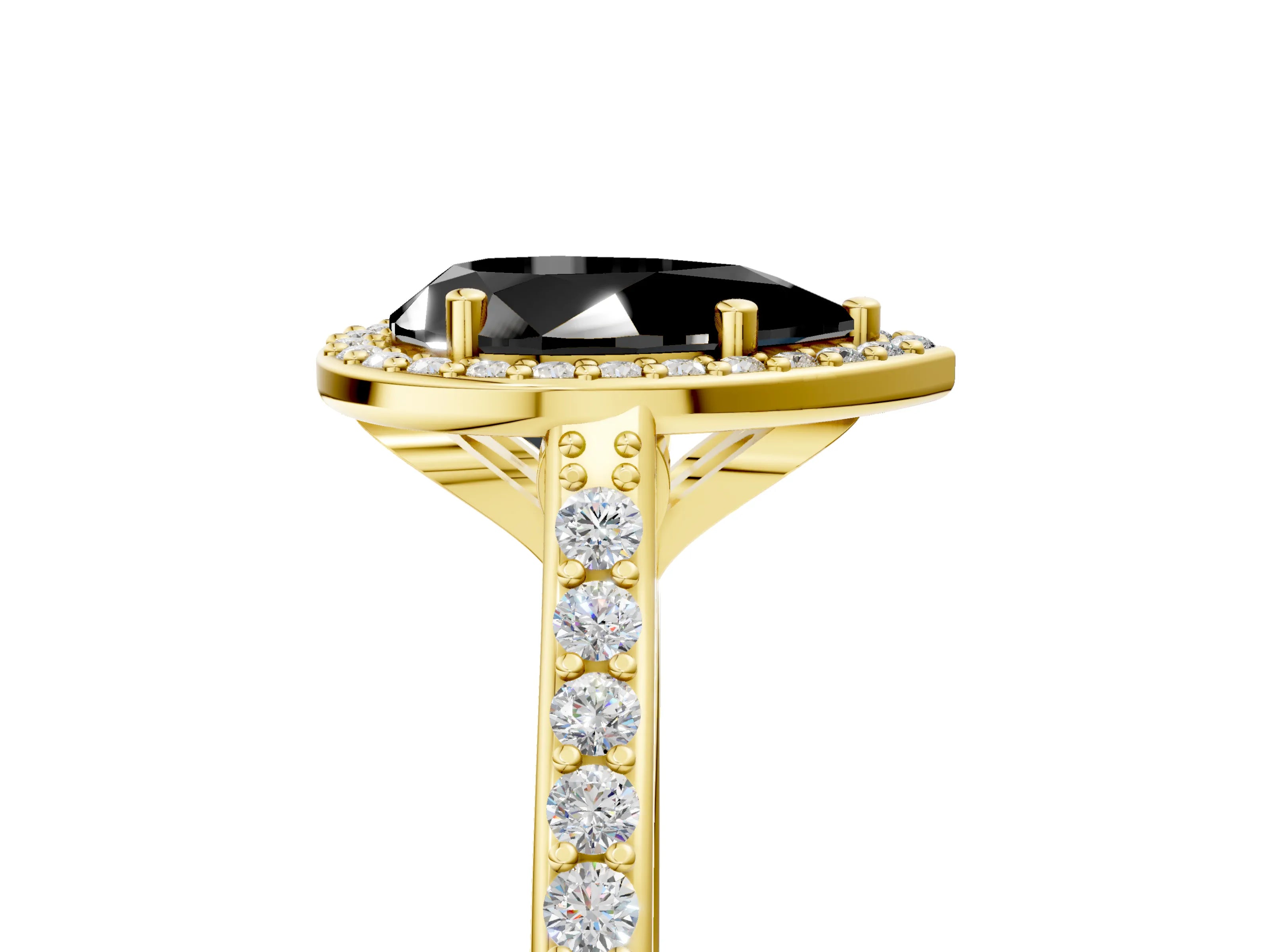 Yellow gold Fancy Black Pear Cut Halo Round Diamond Pavé Band with Four-Prong Setting_8