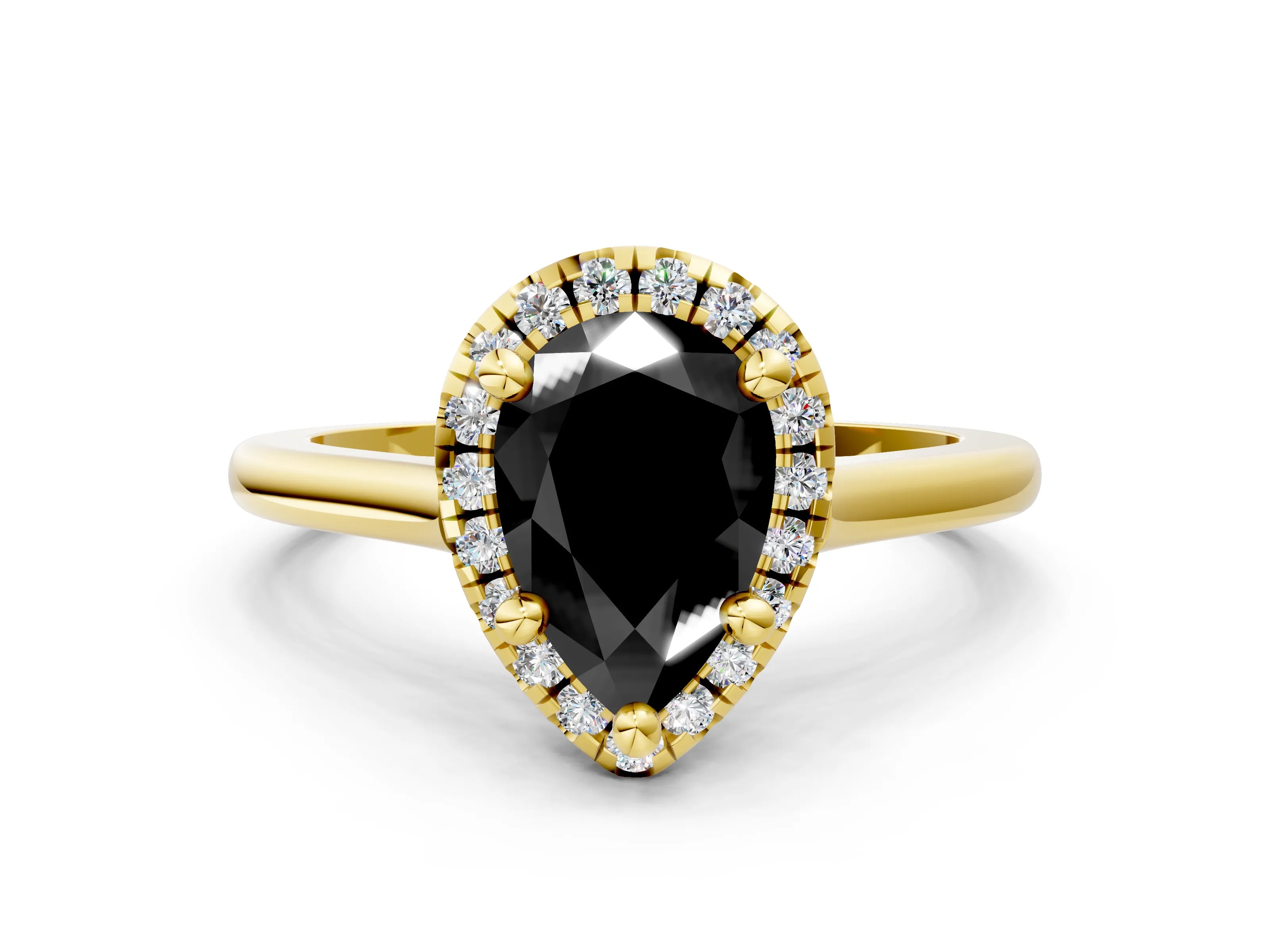 Yellow gold Fancy Black Pear Cut Halo Round Diamond Solitaire Engagement Ring with Pave Band and Four-Prong Setting_12
