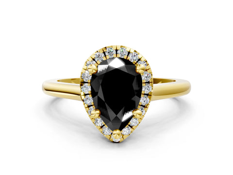 Yellow gold Fancy Black Pear Cut Halo Round Diamond Solitaire Engagement Ring with Pave Band and Four-Prong Setting_12