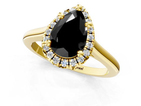 Yellow gold Fancy Black Pear Cut Halo Round Diamond Solitaire Engagement Ring with Pave Band and Four-Prong Setting_13