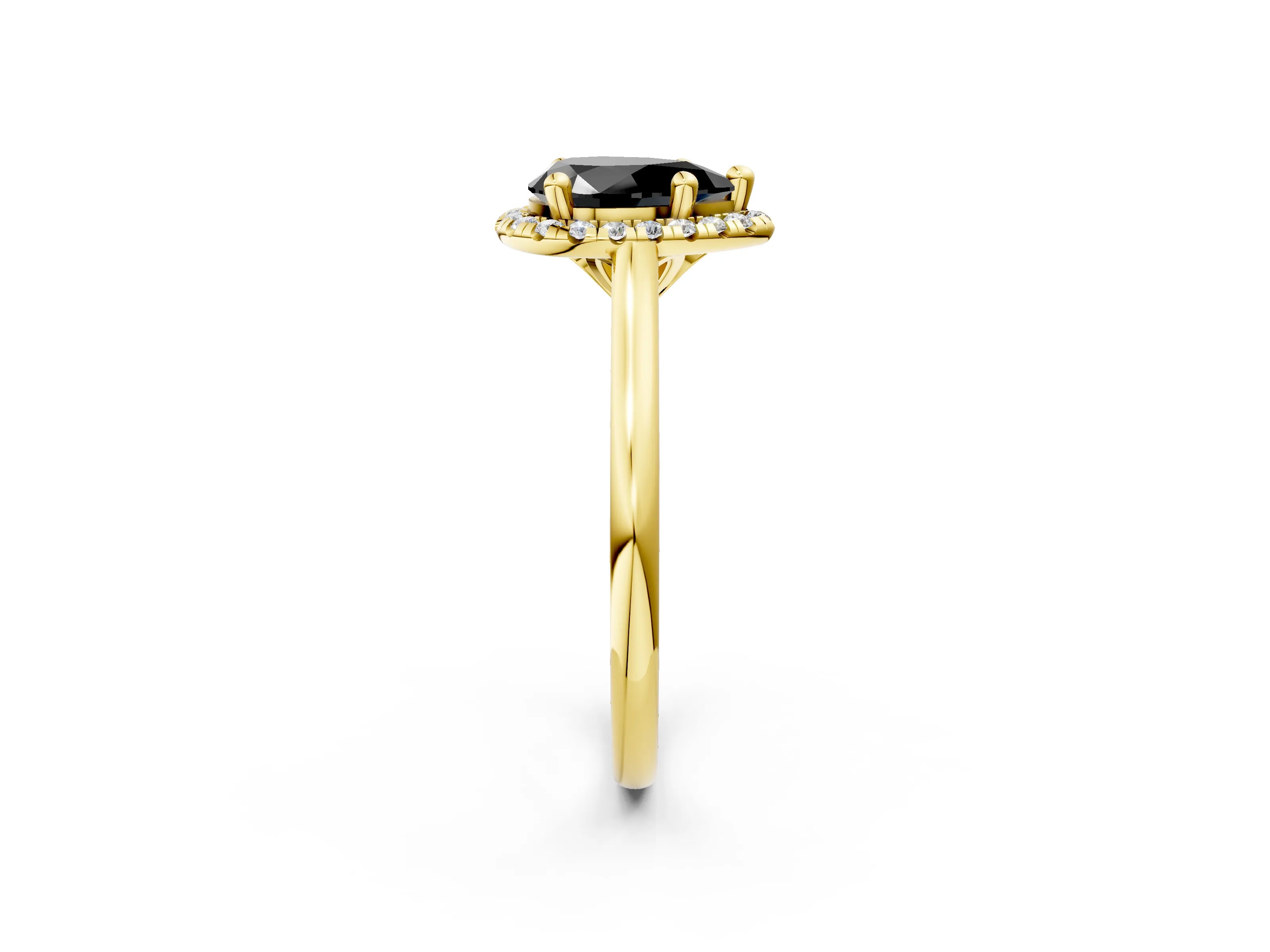 Yellow gold Fancy Black Pear Cut Halo Round Diamond Solitaire Engagement Ring with Pave Band and Four-Prong Setting_14