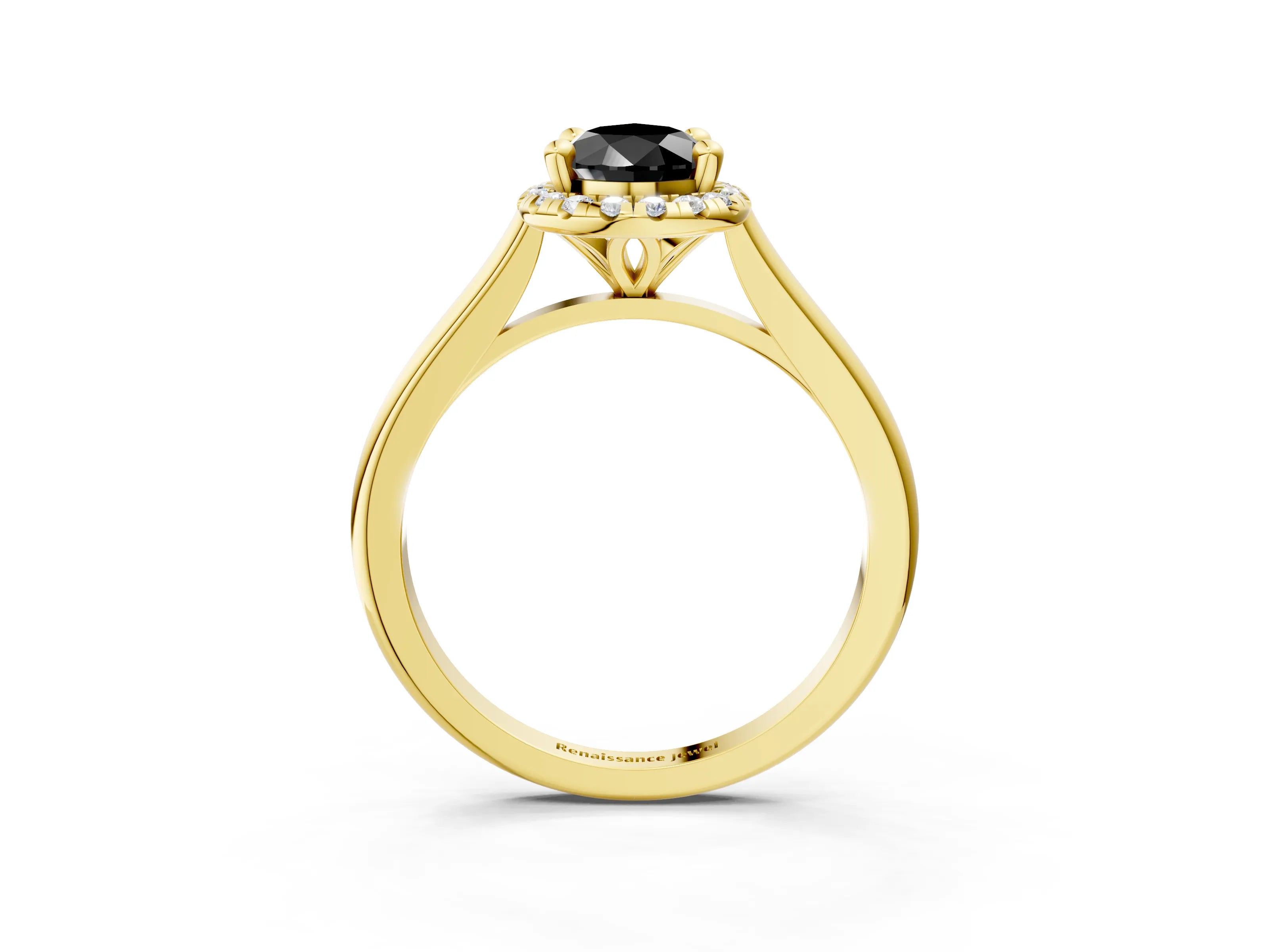 Yellow gold Fancy Black Pear Cut Halo Round Diamond Solitaire Engagement Ring with Pave Band and Four-Prong Setting_15
