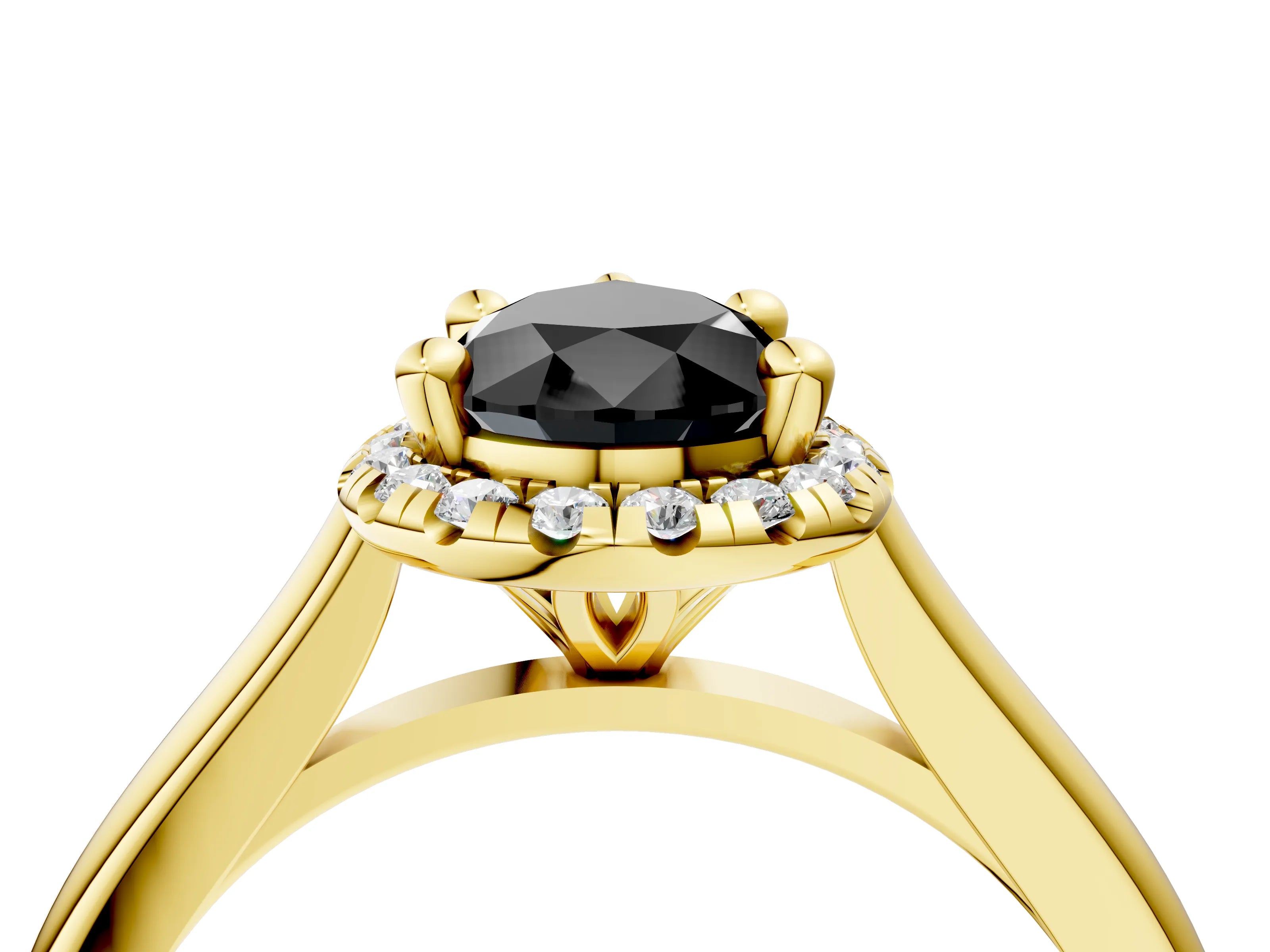 Yellow gold Fancy Black Pear Cut Halo Round Diamond Solitaire Engagement Ring with Pave Band and Four-Prong Setting_16