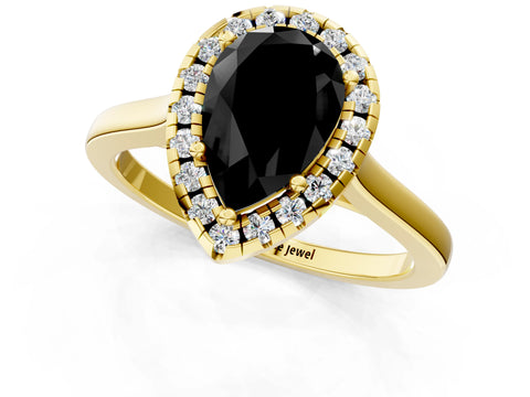 Yellow gold Fancy Black Pear Cut Halo Round Diamond Solitaire Ring with Pavé Band and Four-Prong Setting_13