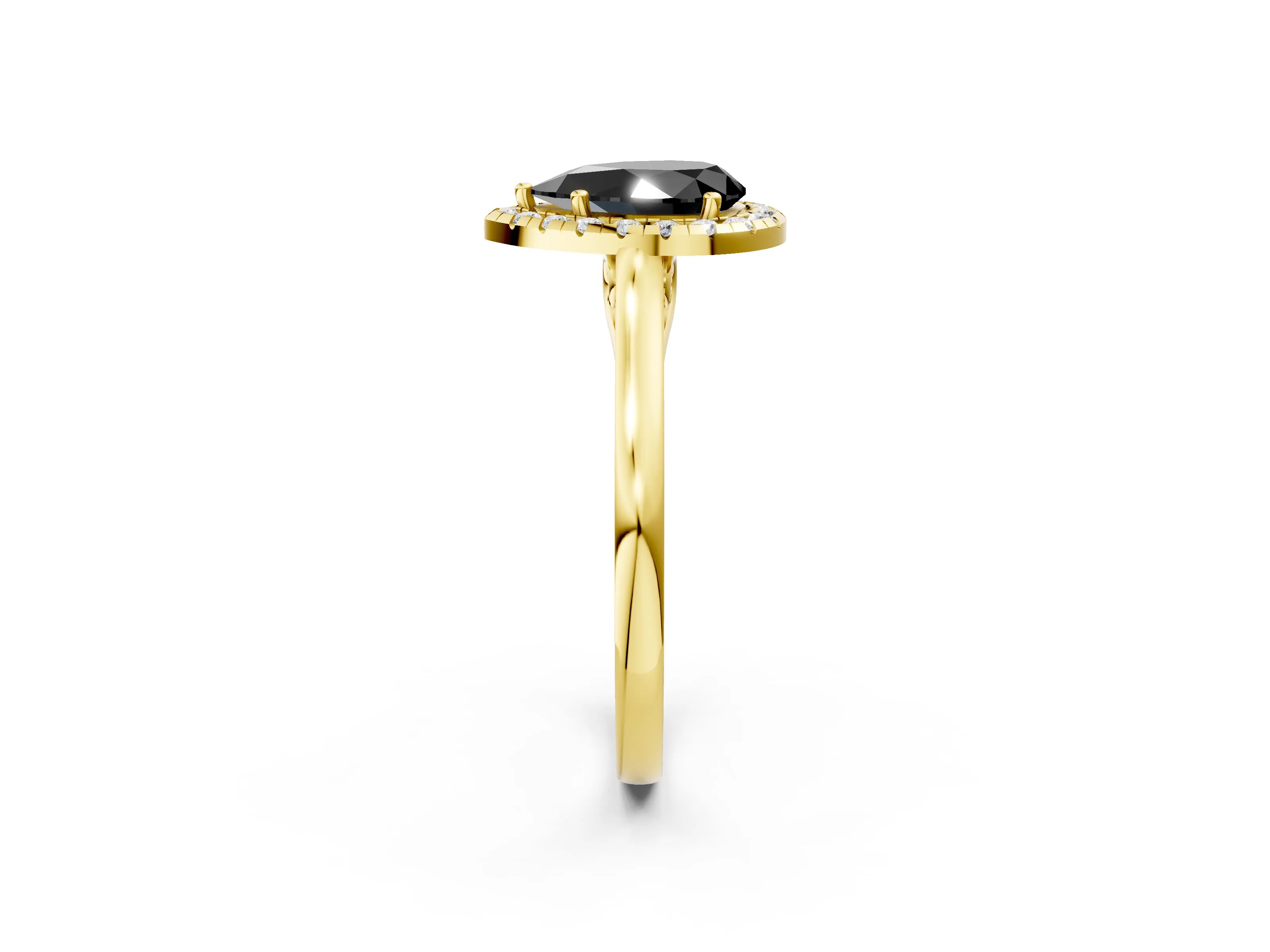 Yellow gold Fancy Black Pear Cut Halo Round Diamond Solitaire Ring with Pavé Band and Four-Prong Setting_14