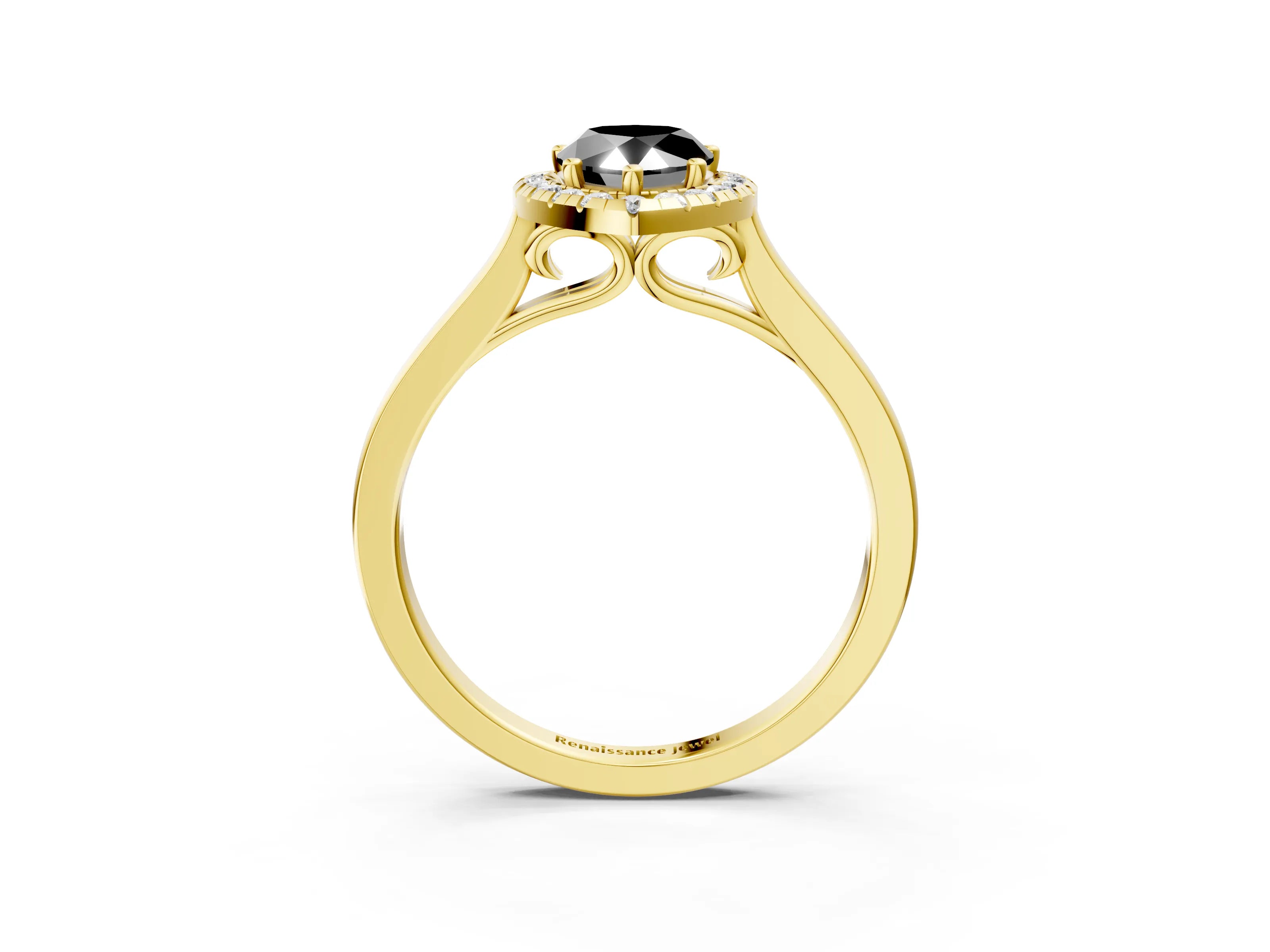 Yellow gold Fancy Black Pear Cut Halo Round Diamond Solitaire Ring with Pavé Band and Four-Prong Setting_15
