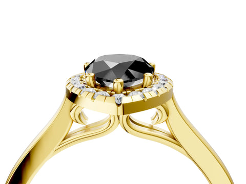 Yellow gold Fancy Black Pear Cut Halo Round Diamond Solitaire Ring with Pavé Band and Four-Prong Setting_16