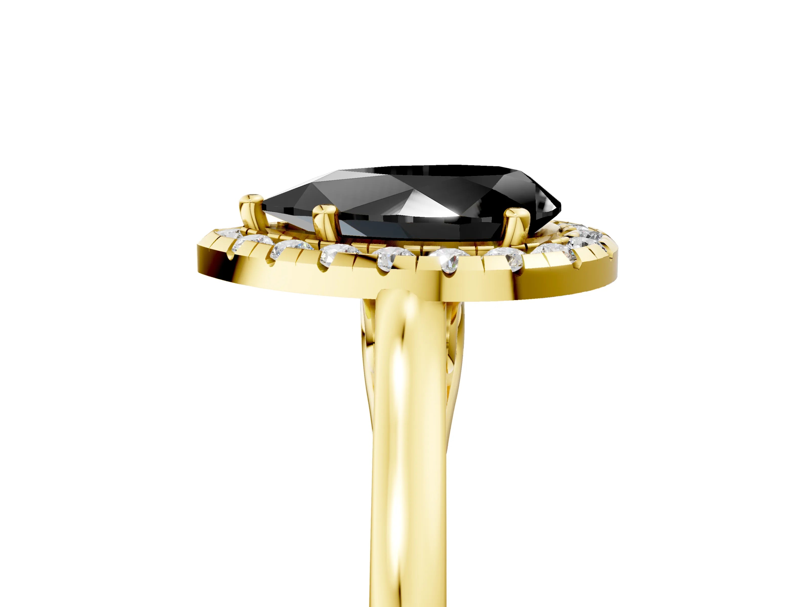 Yellow gold Fancy Black Pear Cut Halo Round Diamond Solitaire Ring with Pavé Band and Four-Prong Setting_17