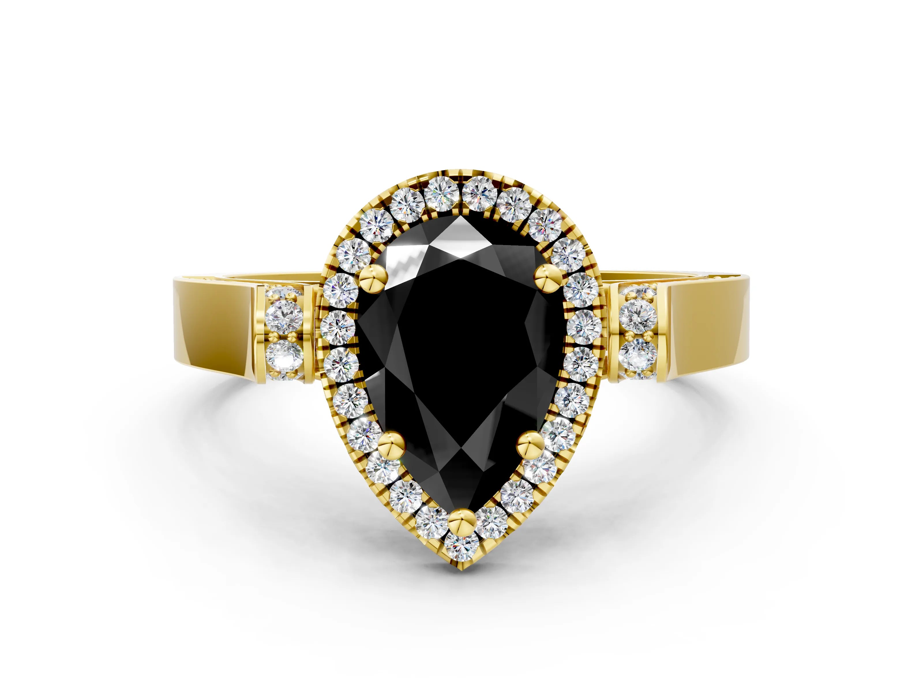 Yellow gold Fancy Black Pear Cut Halo Round Diamond Twist Band with Four-Prong Setting