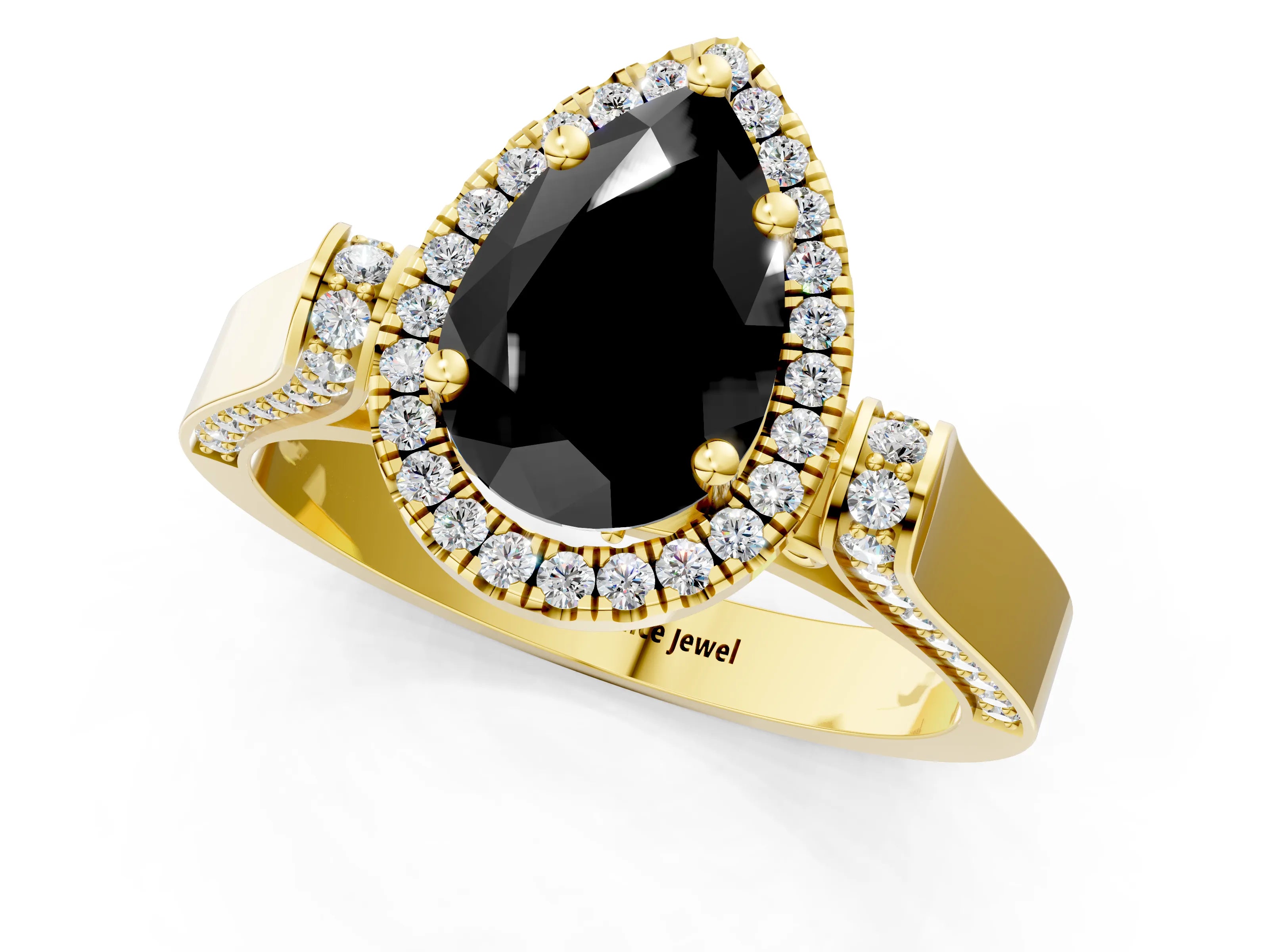 Yellow gold Fancy Black Pear Cut Halo Round Diamond Twist Band with Four-Prong Setting_1