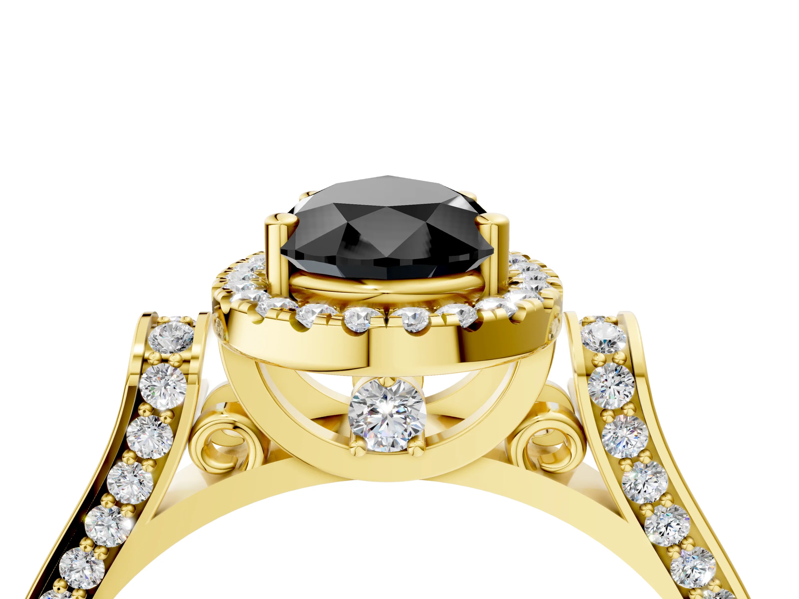 Yellow gold Fancy Black Pear Cut Halo Round Diamond Twist Band with Four-Prong Setting_4
