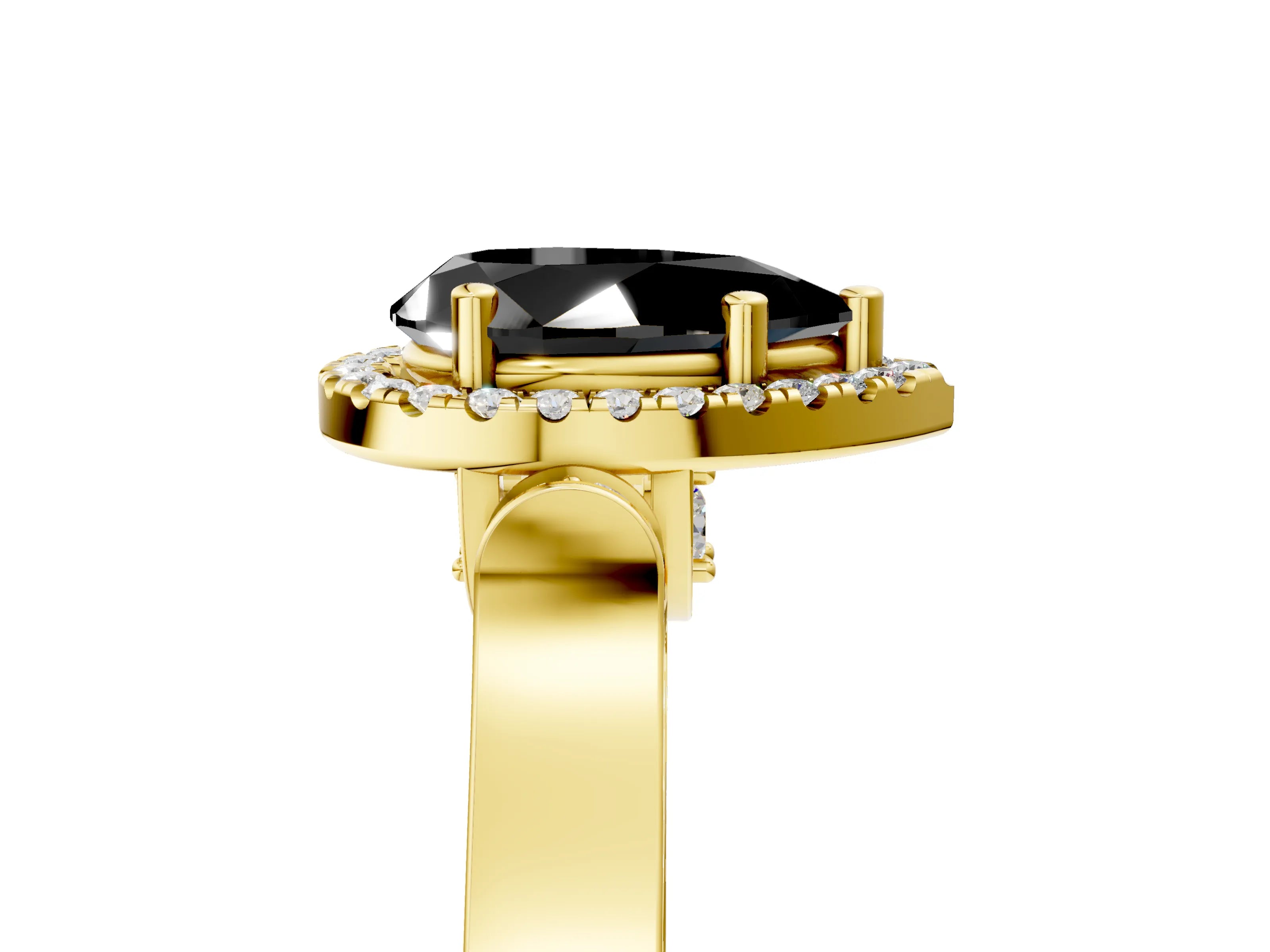 Yellow gold Fancy Black Pear Cut Halo Round Diamond Twist Band with Four-Prong Setting_5