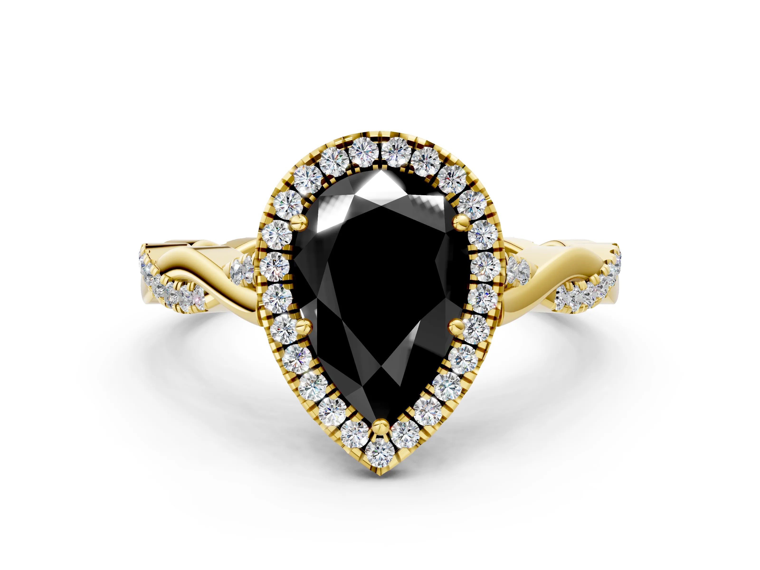 Yellow gold Fancy Black Pear Cut Halo Twist Band with Four-Prong Setting
