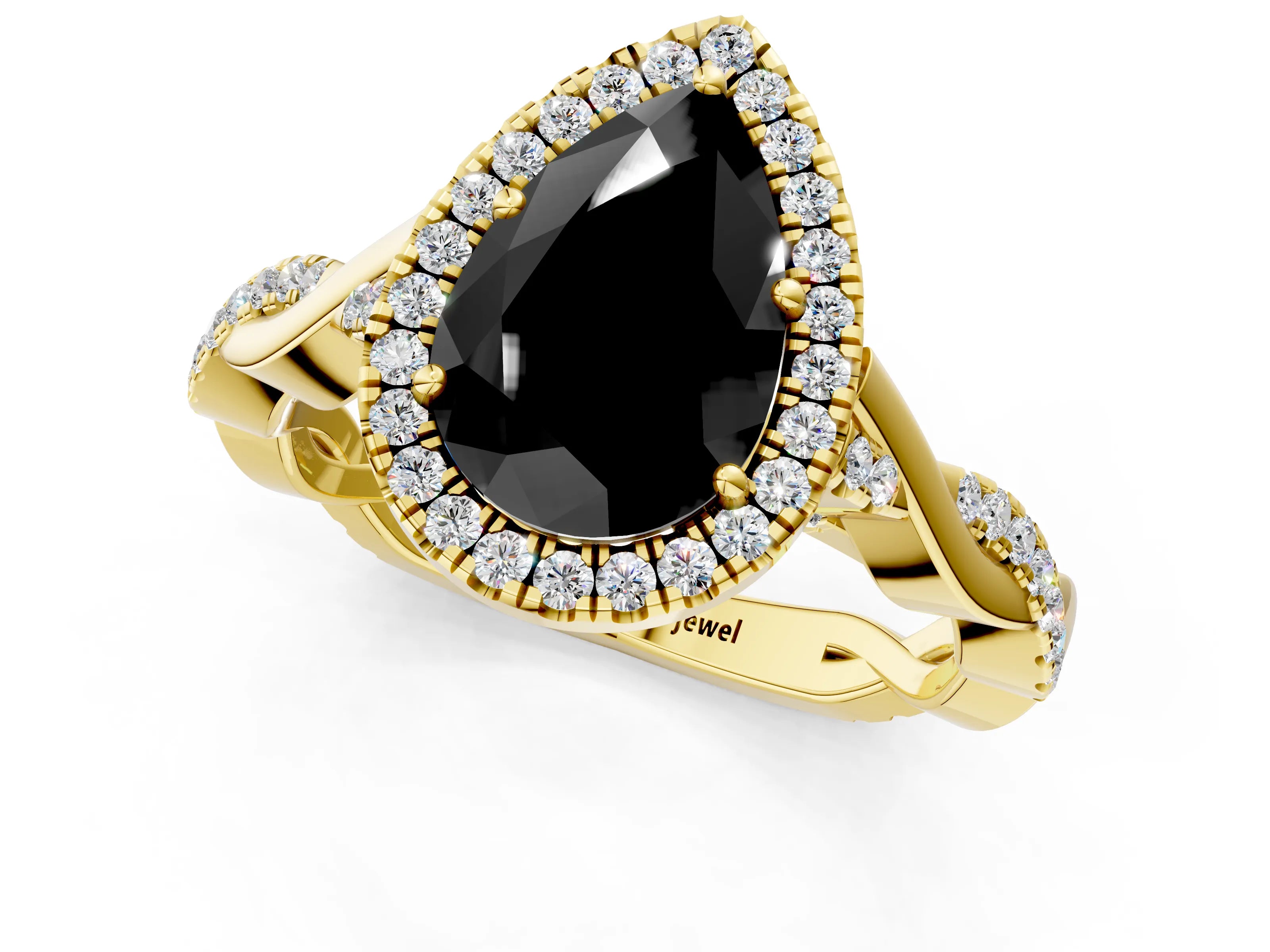 Yellow gold Fancy Black Pear Cut Halo Twist Band with Four-Prong Setting_1