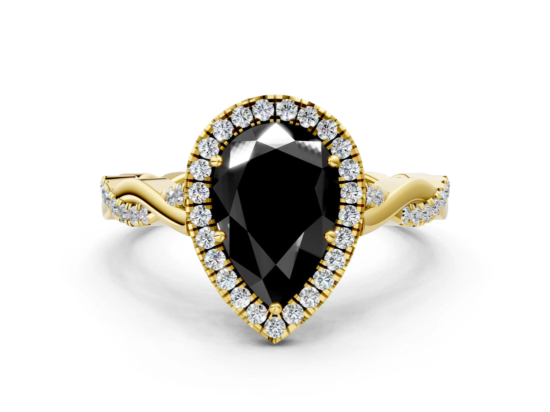 Yellow gold Fancy Black Pear Cut Halo Twist Band with Four-Prong Setting_12