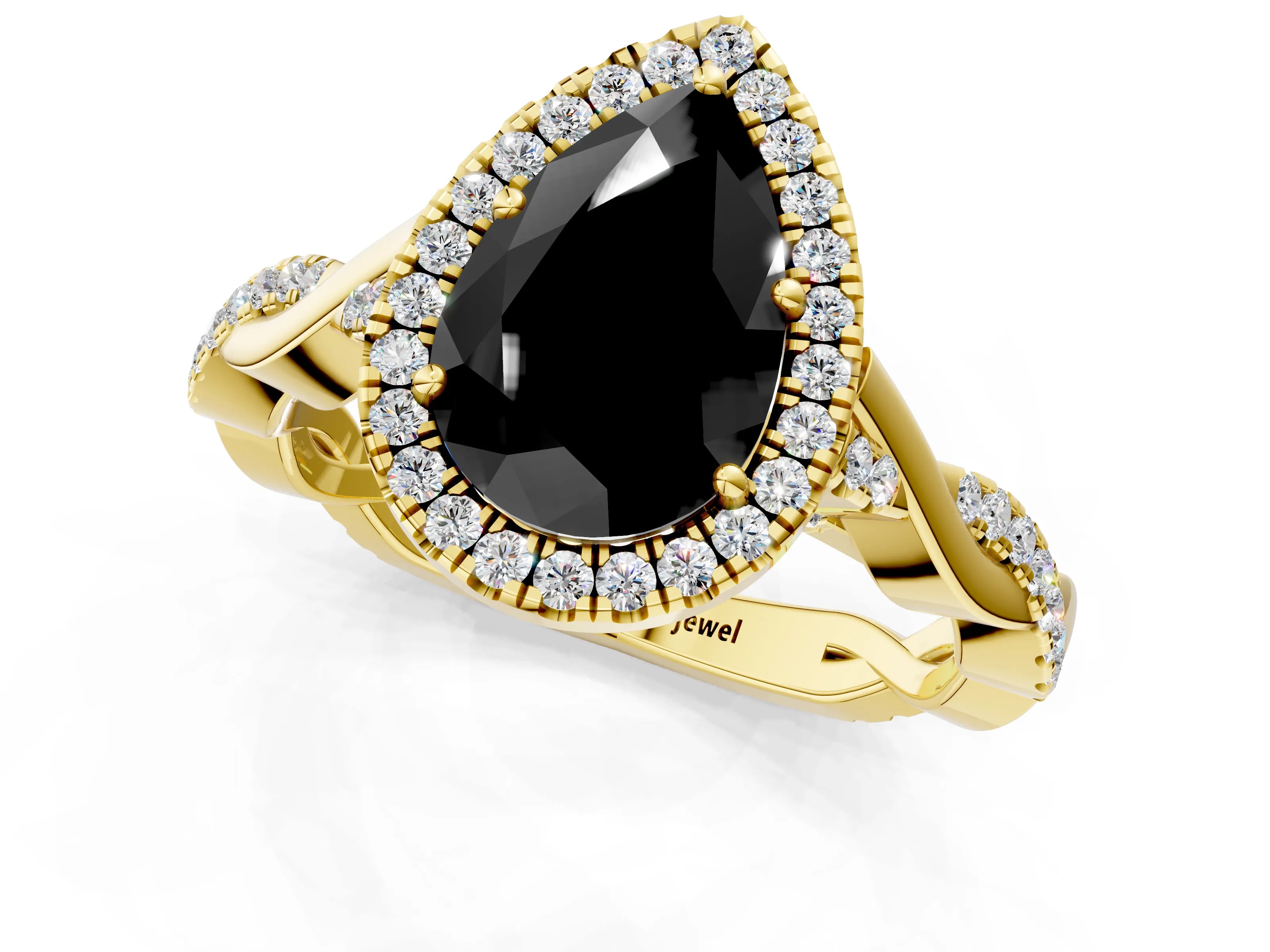 Yellow gold Fancy Black Pear Cut Halo Twist Band with Four-Prong Setting_13