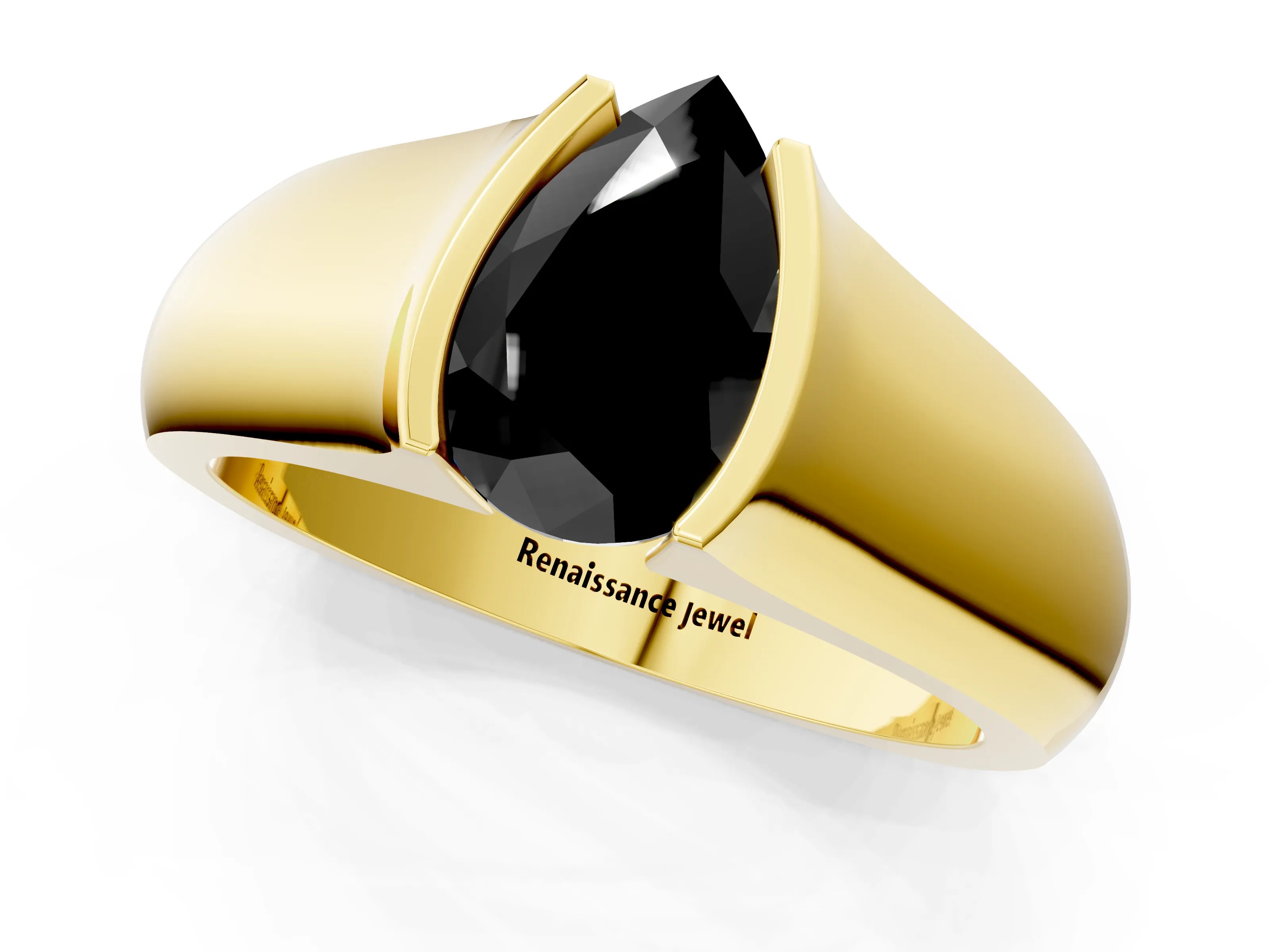 Yellow gold Fancy Black Pear Cut Solitaire Bezel Set Diamond Ring with Wide Band_1