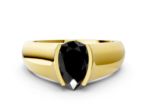 Yellow gold Fancy Black Pear Cut Solitaire Bezel Set Diamond Ring with Wide Band