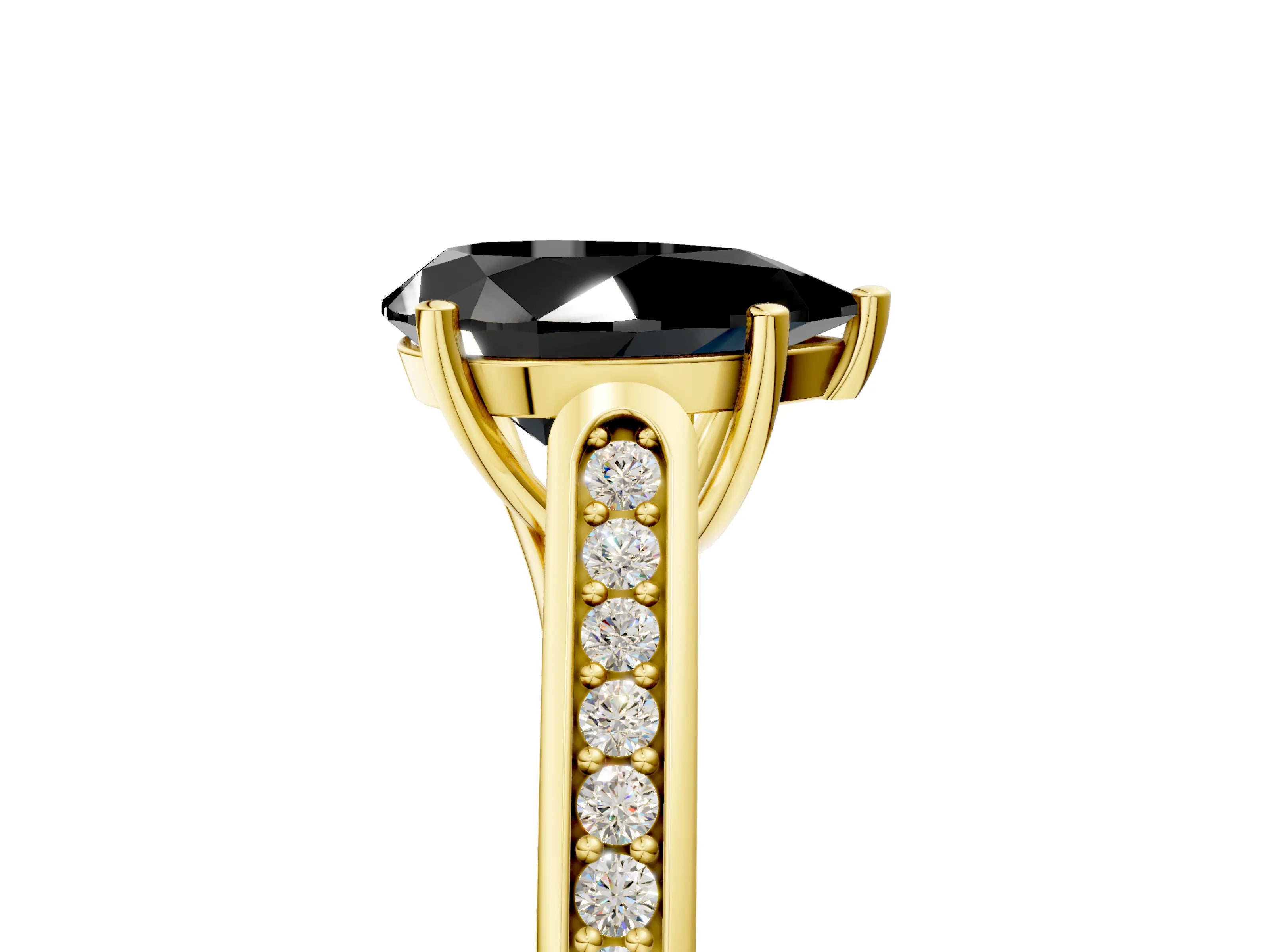 Yellow gold Fancy Black Pear Cut Solitaire Cathedral Diamond Engagement Ring with Channel-Set Band and Four-Prong Setting_8