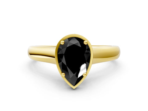Yellow gold Fancy Black Pear Cut Solitaire Diamond Engagement Ring with Four-Prong Setting and Tapered Band