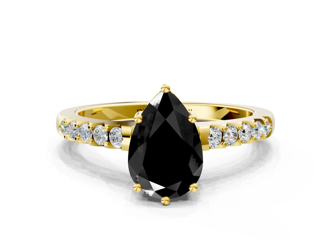 Yellow gold Fancy Black Pear Cut Solitaire Diamond Engagement Ring with Pavé Band and Six-Prong Setting_12