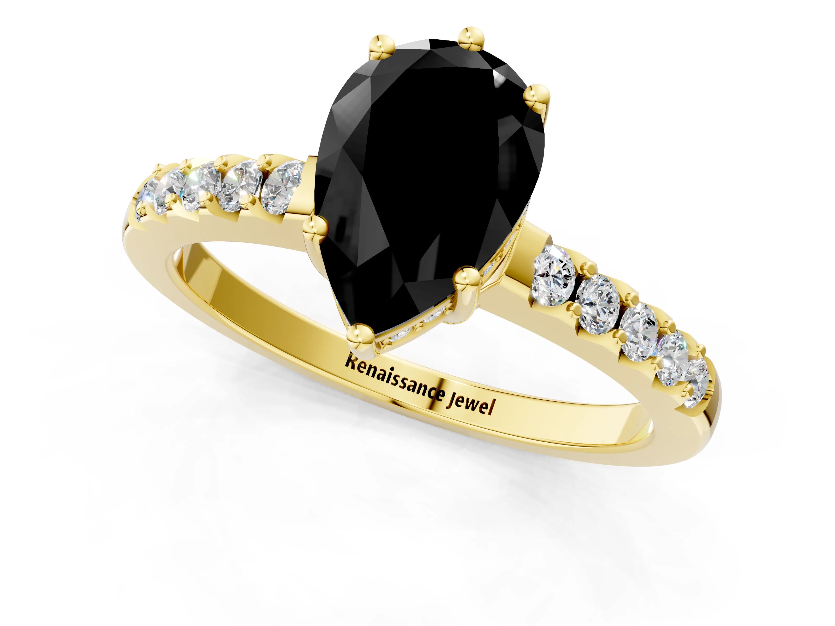 Yellow gold Fancy Black Pear Cut Solitaire Diamond Engagement Ring with Pavé Band and Six-Prong Setting_13