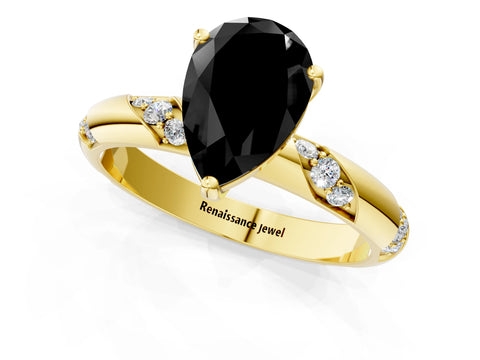 Yellow gold Fancy Black Pear Cut Solitaire Diamond Engagement Ring with Twisted Pave Band and Four-Prong Setting_4