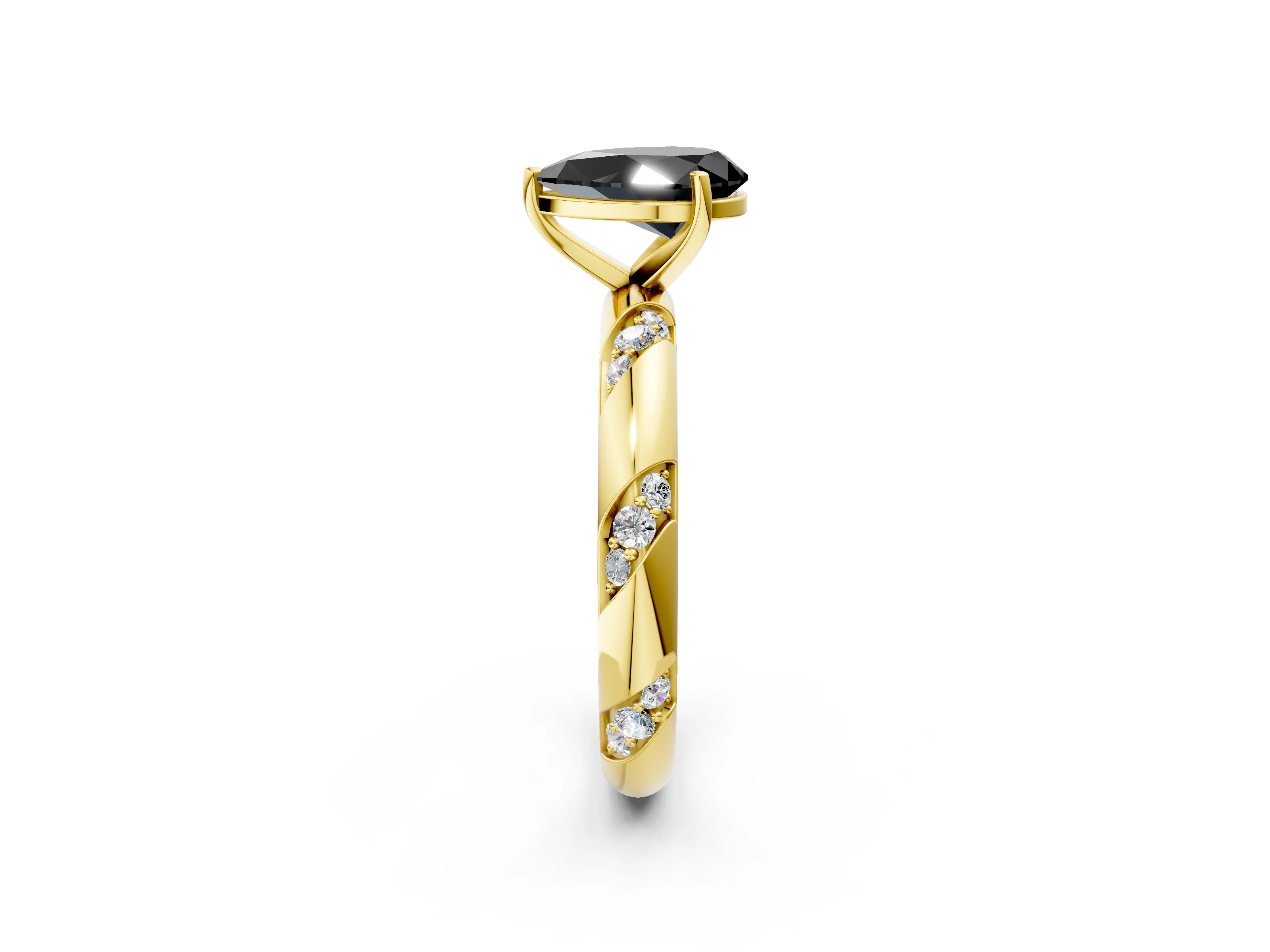 Yellow gold Fancy Black Pear Cut Solitaire Diamond Engagement Ring with Twisted Pave Band and Four-Prong Setting_5