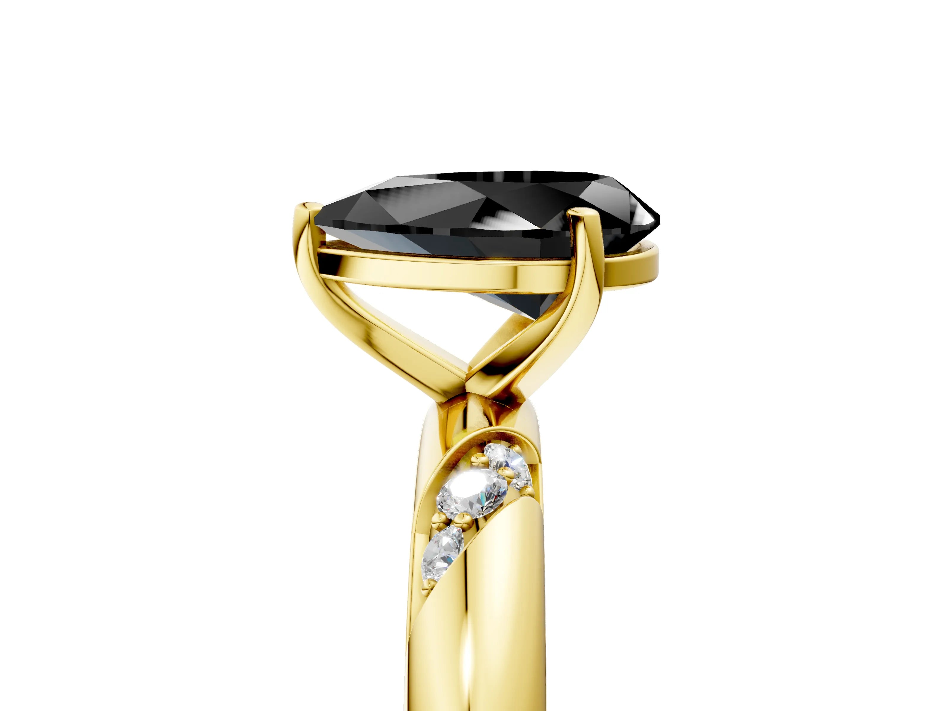Yellow gold Fancy Black Pear Cut Solitaire Diamond Engagement Ring with Twisted Pave Band and Four-Prong Setting_8