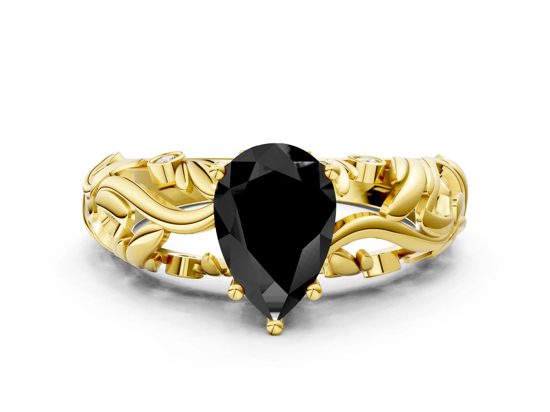 Yellow gold Fancy Black Pear Cut Solitaire Diamond Leaf-Inspired Vine Band Ring with Prong Setting
