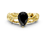 Yellow gold Fancy Black Pear Cut Solitaire Diamond Leaf-Inspired Vine Band Ring with Prong Setting