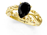 Yellow gold Fancy Black Pear Cut Solitaire Diamond Leaf-Inspired Vine Band Ring with Prong Setting_1