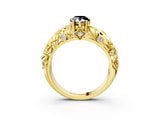 Yellow gold Fancy Black Pear Cut Solitaire Diamond Leaf-Inspired Vine Band Ring with Prong Setting_3