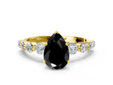 Yellow gold Fancy Black Pear Cut Solitaire Diamond Ring with Pave Band and Four-Prong Setting