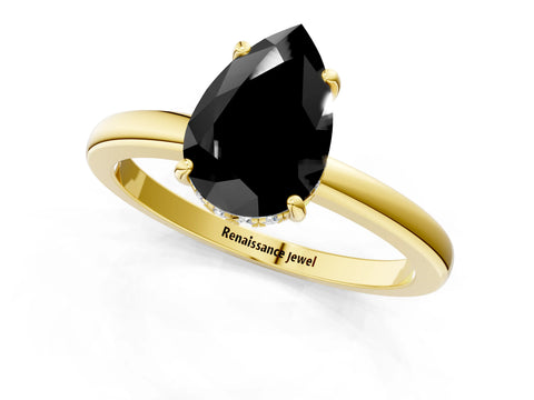 Yellow gold Fancy Black Pear Cut Solitaire Diamond Ring with Prong Setting and Plain Band_1