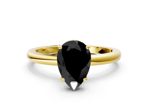 Yellow gold Fancy Black Pear Cut Solitaire Diamond Ring with Prong Setting and Plain Band