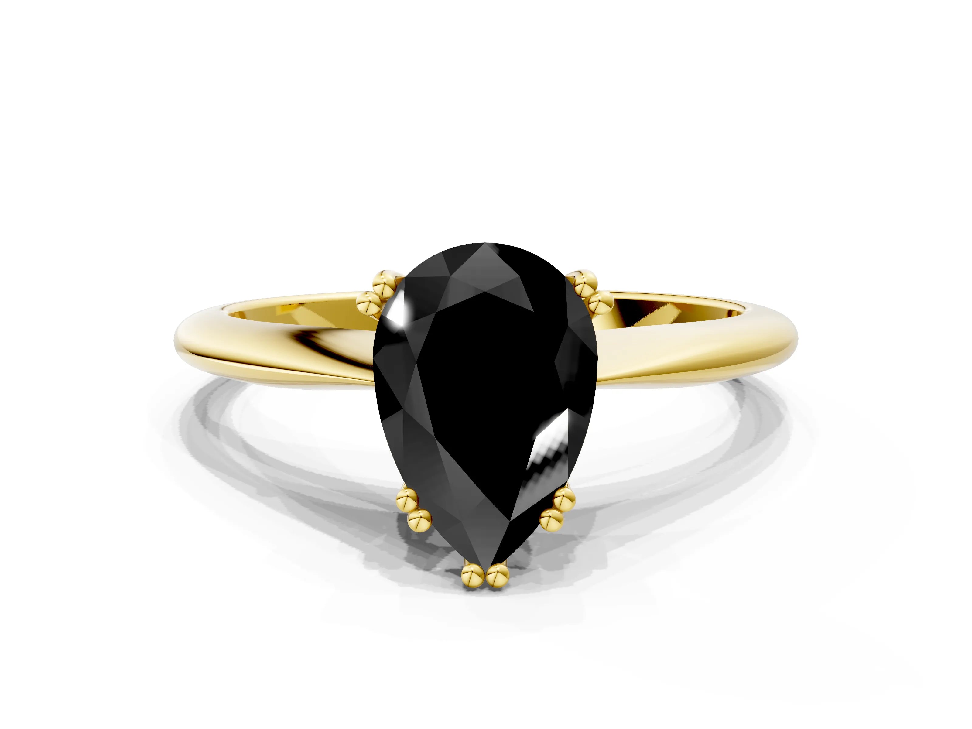 Yellow gold Fancy Black Pear Cut Solitaire Diamond Ring with Six-Prong Setting and Classic Band