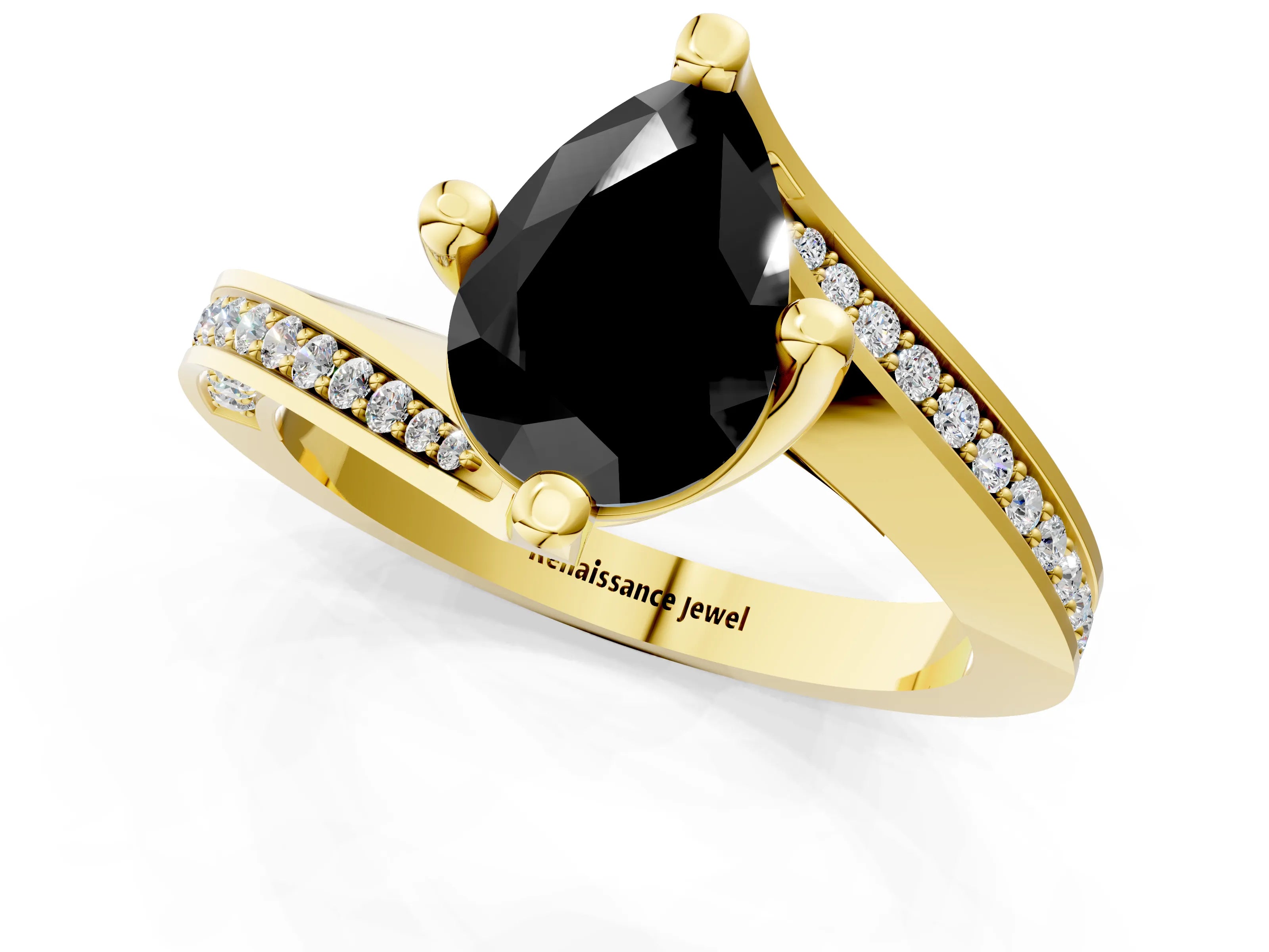 Yellow gold Fancy Black Pear Cut Solitaire Diamond Twist Band with Pavé Setting and Four-Prong Setting_1