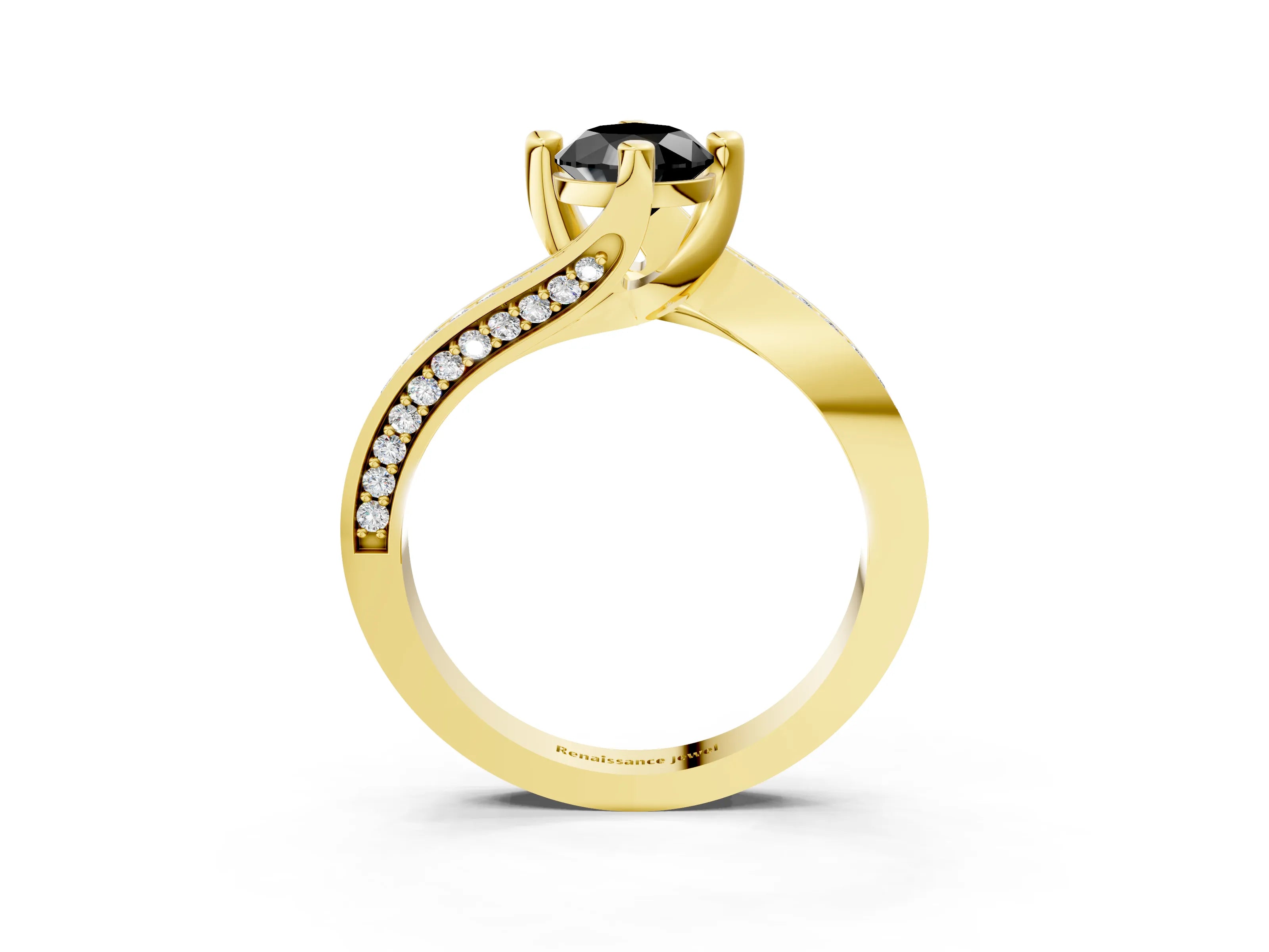 Yellow gold Fancy Black Pear Cut Solitaire Diamond Twist Band with Pavé Setting and Four-Prong Setting_3