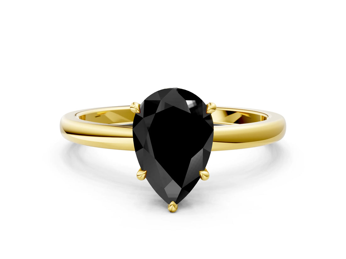 Yellow gold Fancy Black Pear Cut Solitaire Engagement Ring with Cathedral Band and Four-Prong Setting