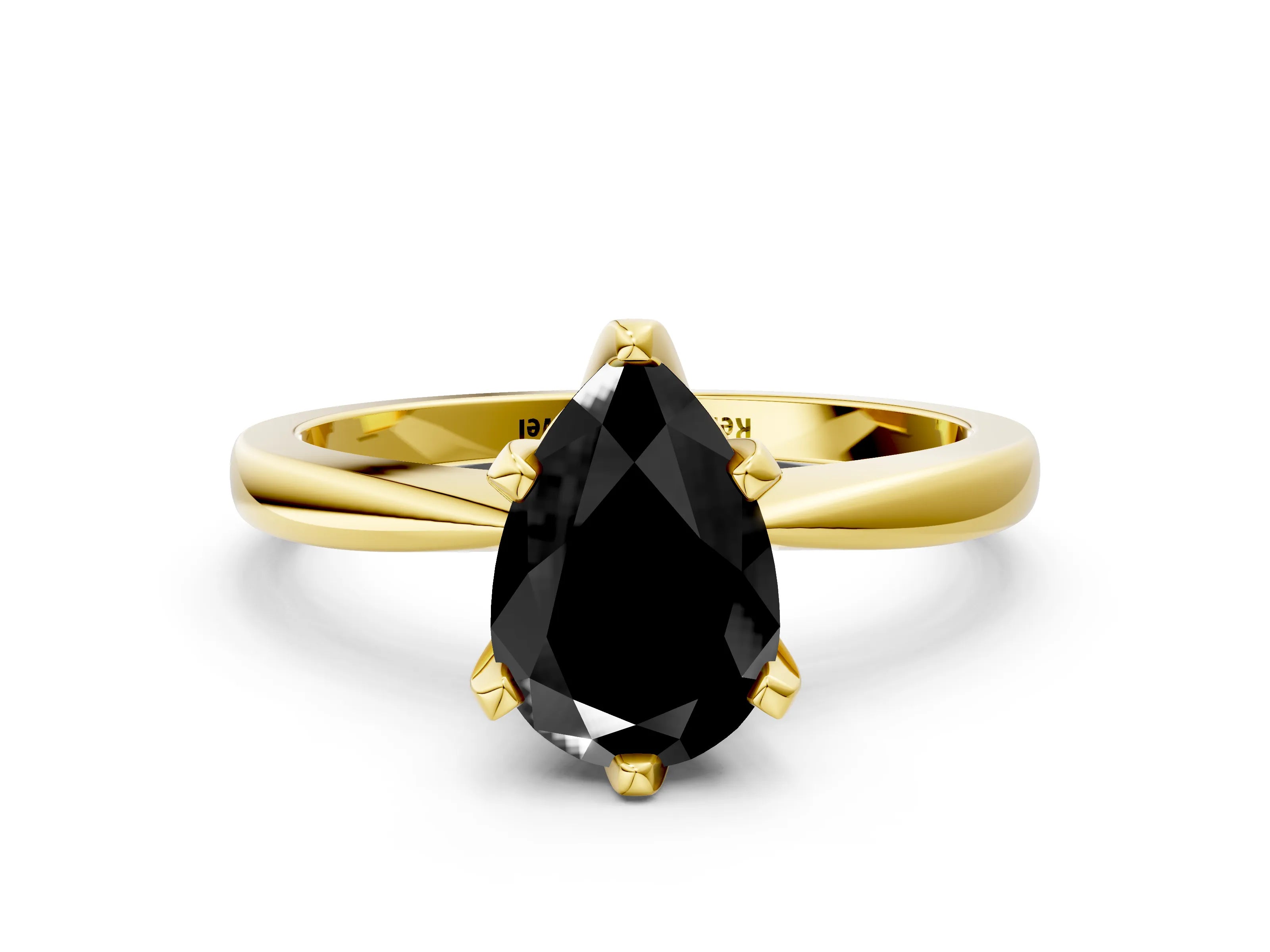 Yellow gold Fancy Black Pear Cut Solitaire Engagement Ring with Six-Prong Setting and Tapered Band