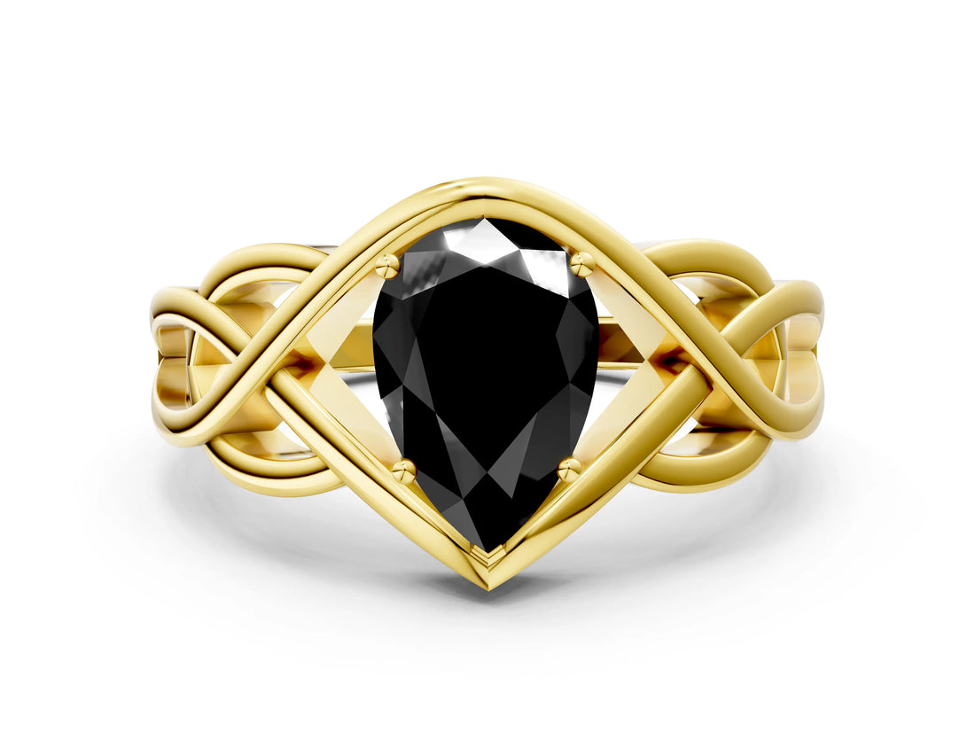 Yellow gold Fancy Black Pear Cut Solitaire Intertwined Band Prong Setting Ring