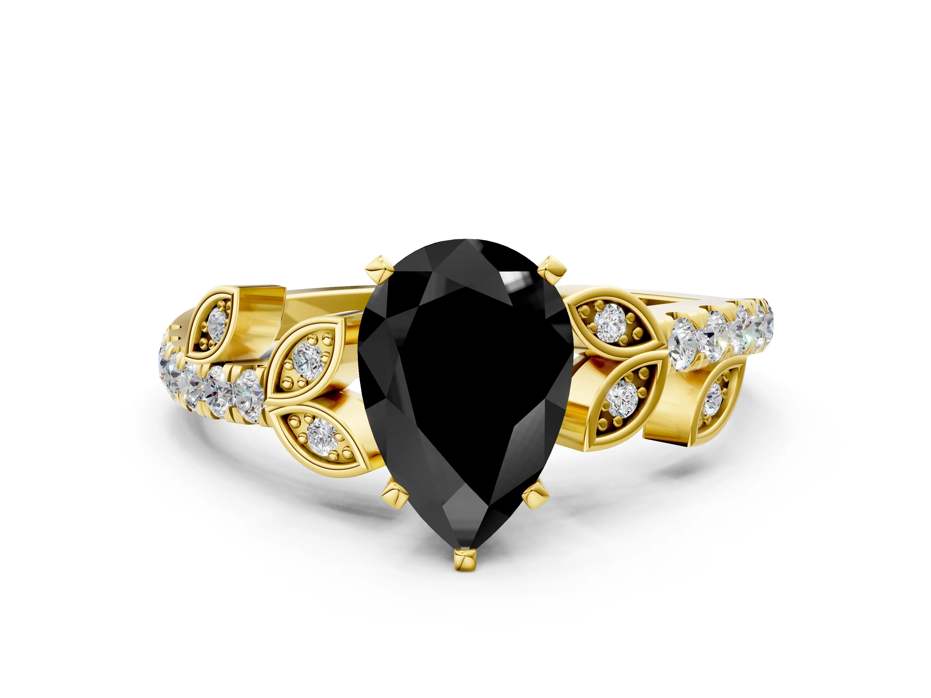 Yellow gold Fancy Black Pear Cut Solitaire Leaf-Inspired Diamond Ring with Pavé Band and Four-Prong Setting