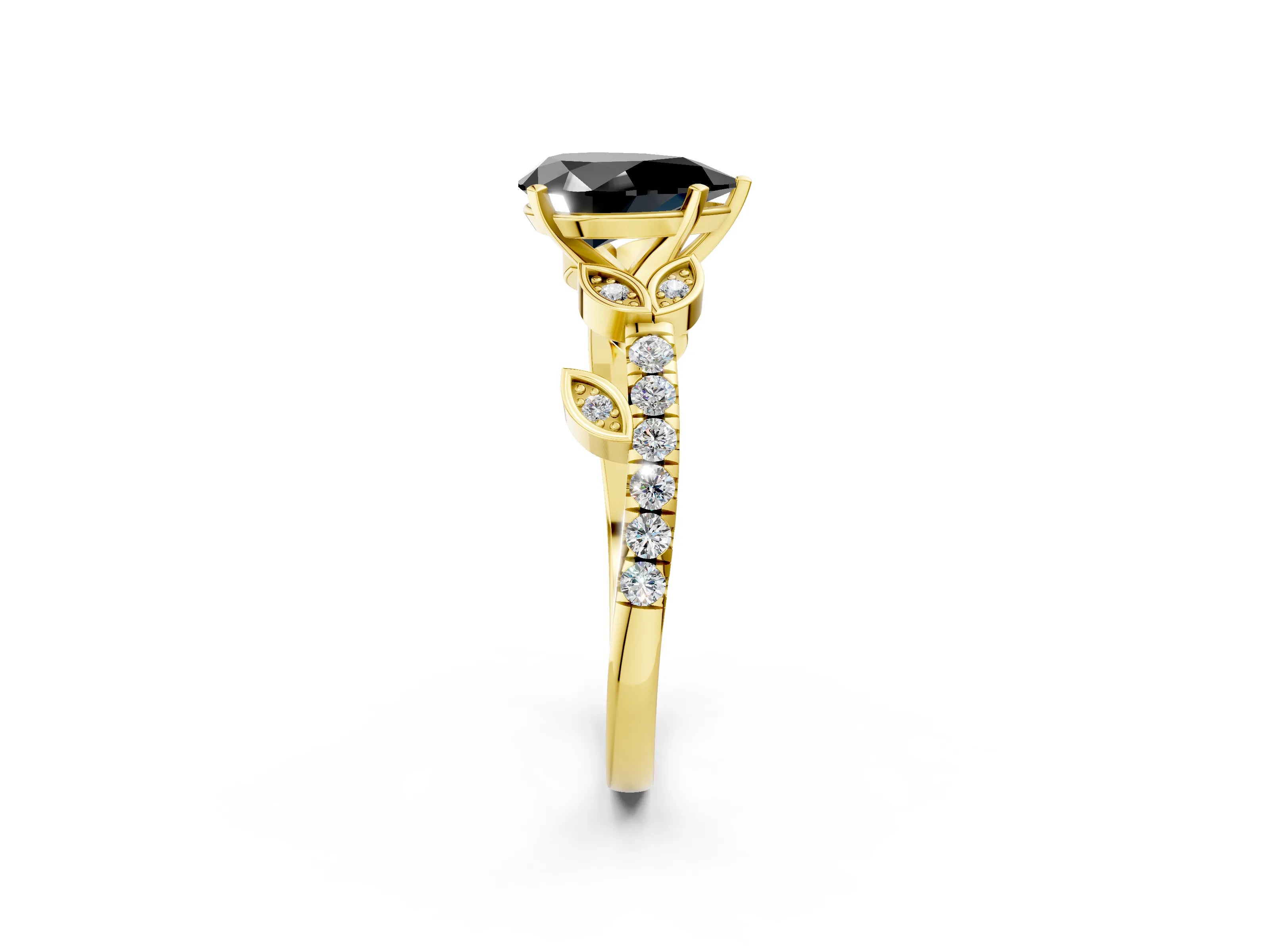Yellow gold Fancy Black Pear Cut Solitaire Leaf-Inspired Diamond Ring with Pavé Band and Four-Prong Setting_2