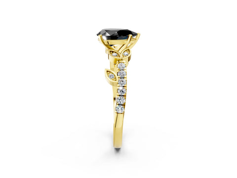 Yellow gold Fancy Black Pear Cut Solitaire Leaf-Inspired Diamond Ring with Pavé Band and Four-Prong Setting_2