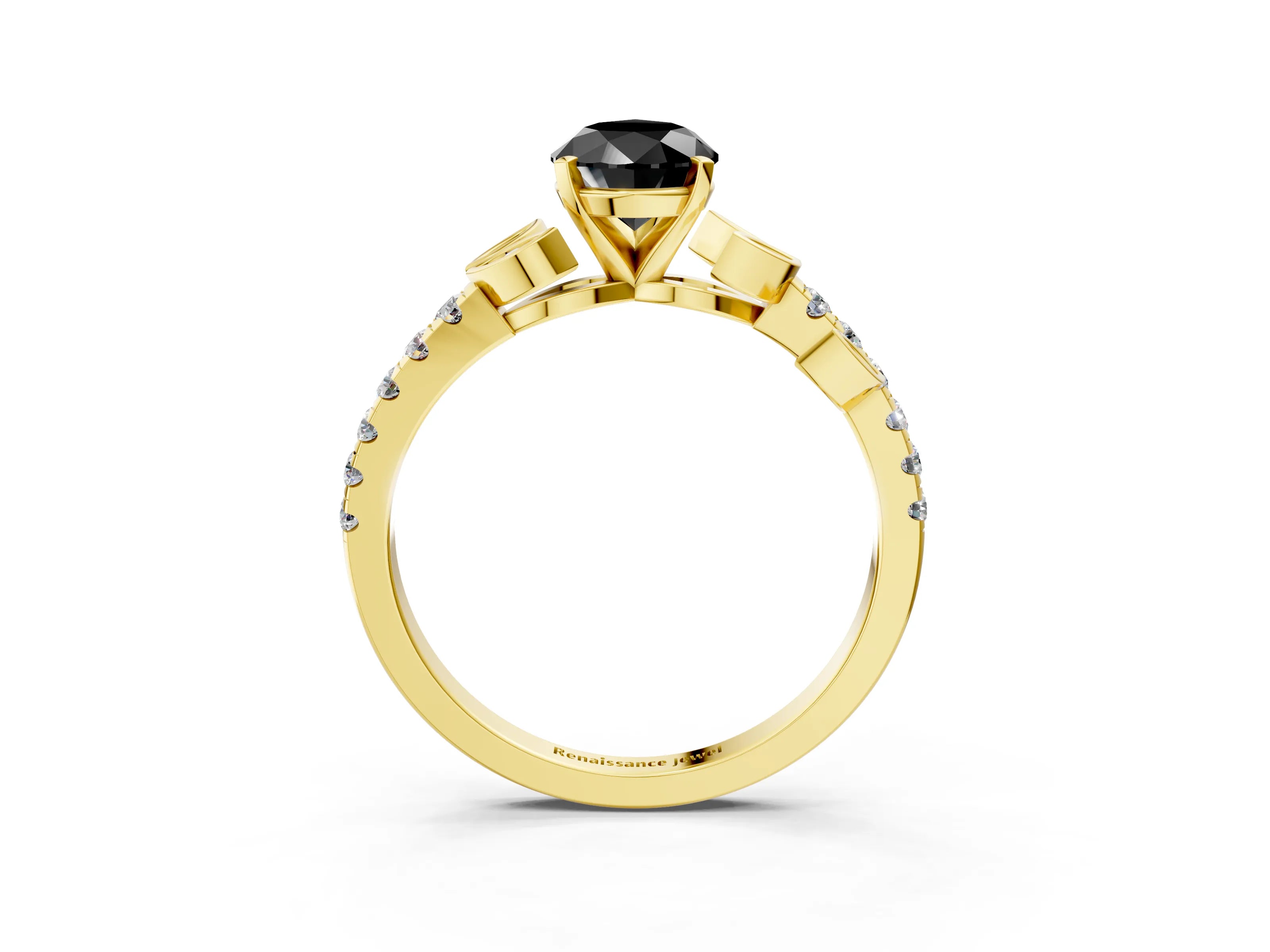 Yellow gold Fancy Black Pear Cut Solitaire Leaf-Inspired Diamond Ring with Pavé Band and Four-Prong Setting_3