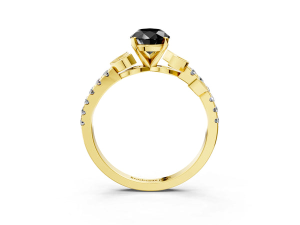 Yellow Gold Pear-Shaped Leaf Solitaire Engagement Ring Setting for Black Center with Pave Band