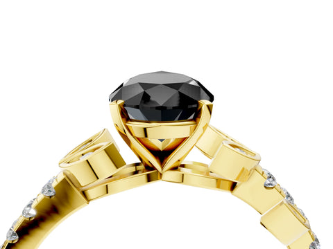 Yellow gold Fancy Black Pear Cut Solitaire Leaf-Inspired Diamond Ring with Pavé Band and Four-Prong Setting_4