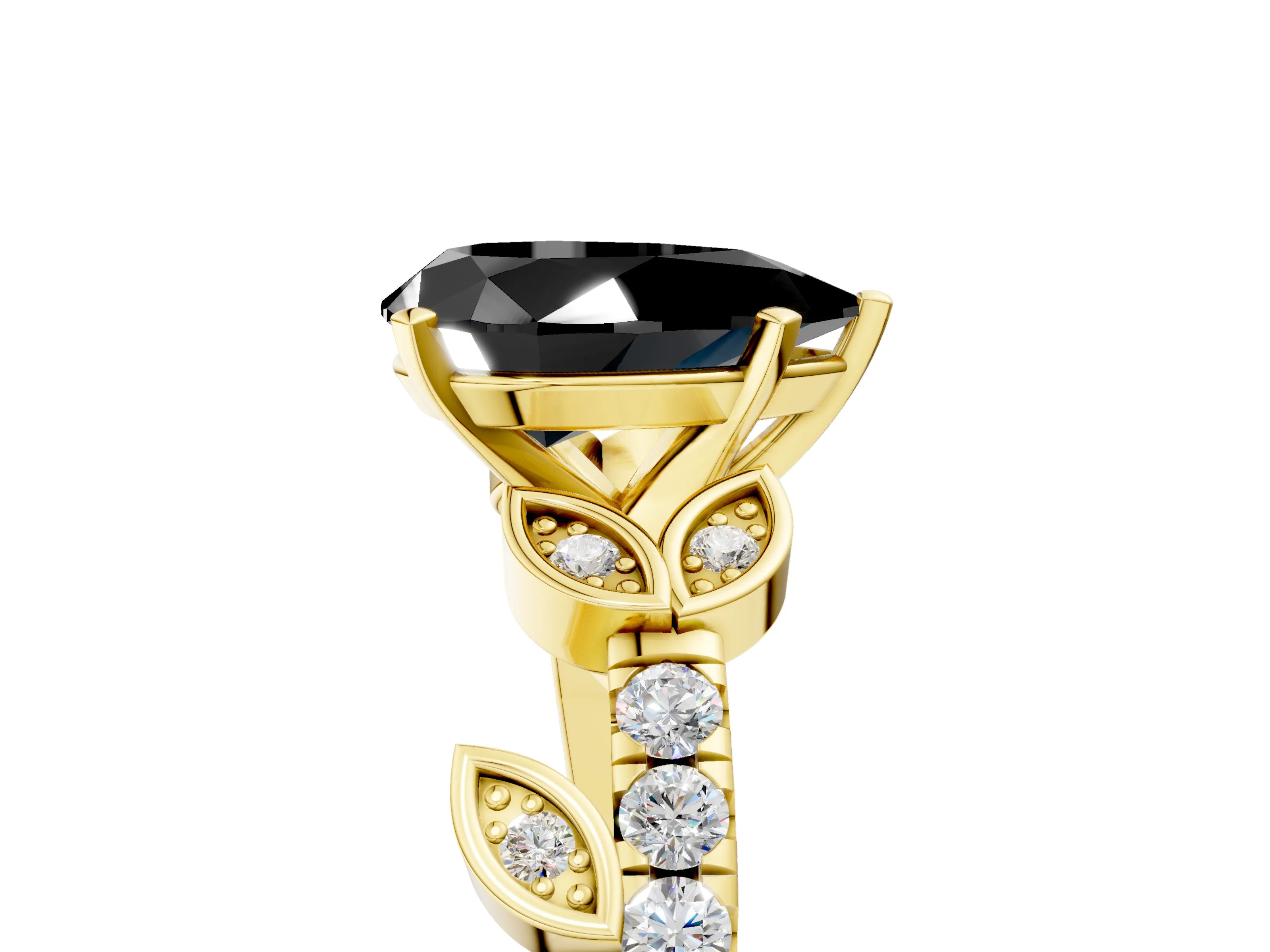 Yellow gold Fancy Black Pear Cut Solitaire Leaf-Inspired Diamond Ring with Pavé Band and Four-Prong Setting_5